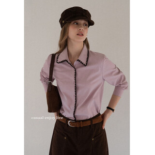 Eggka contrasting edge gray pink lapel long-sleeved shirt temperament slim commuter casual top e25a60137af gray pink m