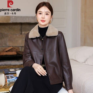Pierre cardin haining genuine leather jacket women's maillard sheepskin down short jacket high-end retro light oil wax jacket motorcycle brown down jacket (goose down liner) l 106jin jin equals 0.5kg -115jin jin equals 0.5kg