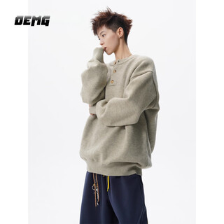 Oemg retro henley collar sweater men's autumn and winter breasted lazy style sweater top heavy premium jacket yellow gray xl recommended 110-130jin jin equals 0.5kg