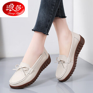 Langsha mom shoes 2025 spring and autumn super soft sole lightweight women's leather shoes middle-aged and elderly women's shoes slip-on loaf beanie shoes beige 38