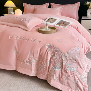 Lady laura fuanna class a baby high-end milk velvet embroidered four-piece set baby velvet thickened cherry blossom velvet bed sheets 4-piece set winter dielian-pink bed sheet style 1.8m four-piece set