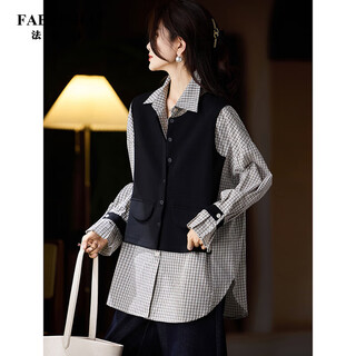 Fabesa brand temperament fake two-piece plaid shirt women's plus size tops 2025 autumn new fashion loose shirt brown plaid m 130jin jin is equal to 0.5kg within