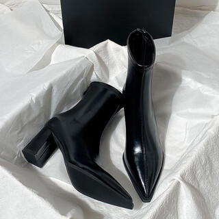 Mac jabags brown short boots women's high heels autumn and winter new french small ankle boots back zipper elastic pointed thick heel slim boots black heel height 7cm velvet lining 34