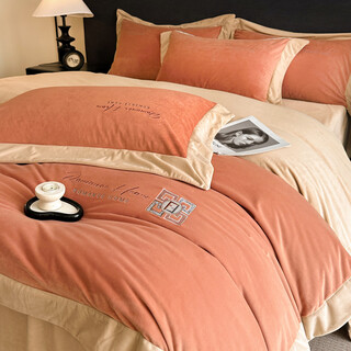 2025 new type a baby velvet baby velvet quilt cover milk velvet with solid color double embroidery flower four-piece bedding set lingxiao orange 2.0m bed sheet style (quilt cover 220*240cm)
