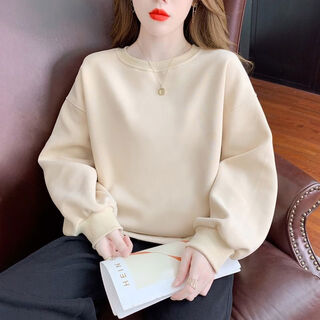 Pick up leaked women's clothing plus velvet thickening round neck thick cotton t autumn and winter versatile slim hooded top trendy beige color clean version no printing spring and autumn thin round neck s