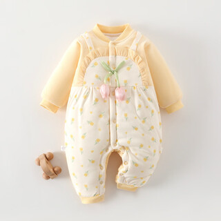 Autumn and winter category a one-piece long-sleeved warm cotton one-piece outdoor clothing newborn baby long crawling clothing baby thickened cotton coat yellow suspender tulip 150g quilted one-piece suit 80cm