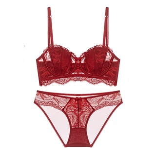 维多利亚的格调性感的秘密本命年内衣女薄款聚拢大胸显小红色蕾丝文胸套装送礼 酒红色套装 70B 32