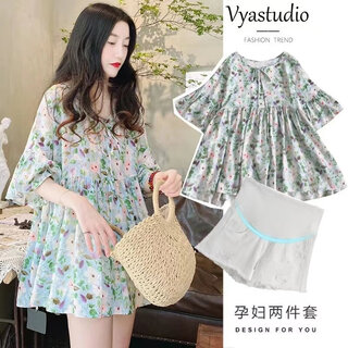 Maternity summer suit, fashionable korean short-sleeved chiffon shirt top, babydoll shirt, summer casual two-piece set, white maternity pants l