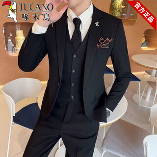 Woodpecker autumn and winter men's suit business formal three-piece suit korean slim groom wedding suit groomsmen suit professional wear black three-piece suit (top pants vest) free tie xl 175 size