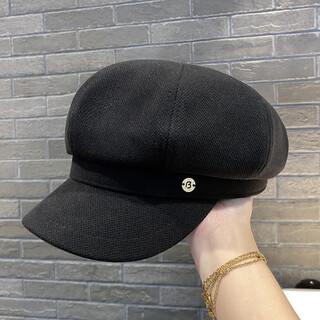 Wine style senior korean retro internet celebrity metal label octagonal hat winter temperament versatile octagonal hat for women japanese style face-showing beret black m (56-58cm)