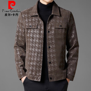 Pierre cardin men's houndstooth men's leather jacket middle-aged dad casual leather lapel jacket plaid coat men's top ht8718 coffee color l 100-115 or so