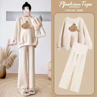 Dangtong autumn and winter maternity wear 2022 new velvet thickened loose long-sleeved sweatshirt for hot moms to cover pregnancy belly when going out bear velvet sweatshirt + beige velvet wide-leg pants suit xl 130-150jin jin is equal to 0.5 kg
