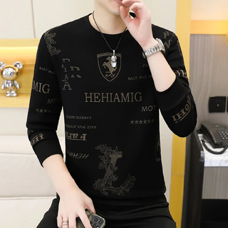 Double eleven promotion men's round neck sweatshirt business casual bottoming shirt loose top long sleeve t-shirt zcy black gold xl (recommended 135-150jin jin equals 0.5 kg)