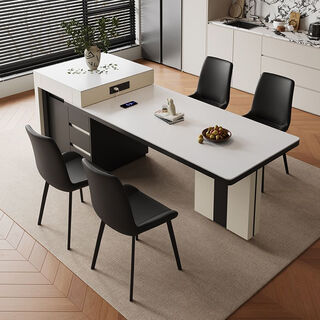 布欧格简约岩板伸缩岛台餐桌家用小户型现代可折叠多功能岩板吃饭桌子 140-190cm伸缩岛台【不带茶炉】 岛台餐桌+6张刀片椅【滑动轨道插座】
