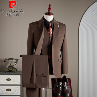 Pierre cardin 2025 new groom's dress wedding suit plus size men's autumn and winter business men's suit three-piece suit brown brown suit + vest + trousers 2xl