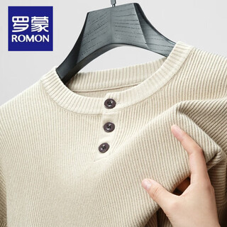 Romon henley collar long-sleeved t-shirt men's long-sleeved autumn new jacquard inner layering shirt round neck men's sweater light rice xl 52