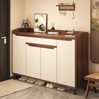 Byderme solid wood shoe cabinet, home door storage cabinet, integrated wall-to-wall entrance cabinet, popular 2025 new large-capacity storage cabinet, four doors and one drawer, walnut color 120*32*100cm assembly (free installation tools, self-installation)