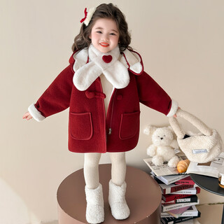 Liangbei castle girls' velvet winter jacket 2025 new style baby thickened warm one-piece velvet mid-length woolen coat red with scarf 110
