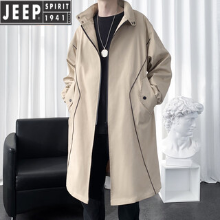Jeep spirit windbreaker jacket men's mid-length autumn and winter 2025 high-end british coat men's loose and handsome over-the-knee jacket khaki 2xl