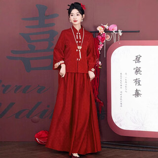 Timochi plus size toasting suit for bride fat mm high-end belly-covering red suit engagement clothes 2025 new chinese style xiuhe burgundy suit-(without necklace) s