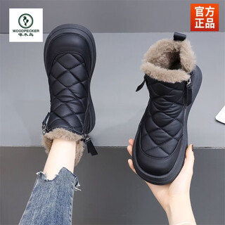 Woodpecker women's shoes women's genuine leather snow boots women's 2025 new autumn and winter plus velvet warm mother cotton shoes short boots women black 37