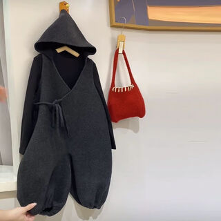 Children's korean style hooded woolen overalls for boys and girls 2024 autumn and winter fashionable woolen overalls and stylish pants overalls + bottoming shirt (suit) 90 cm recommended height 86-95cm