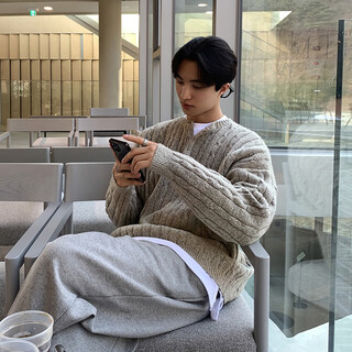 Kuraishi kazuki henry collar twist pullover men's autumn and winter lazy warm korean style loose sweater jacket floral gray m