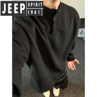 Jeep spirit light luxury 2025 spring and autumn feeling waffle henley collar long sleeve shirt for men in spring lazy style sweater, black 3xl