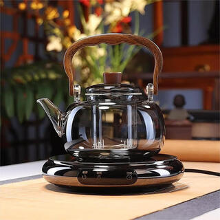 Full-degree heat-resistant glass cooking one-piece handlebar kettle, large-capacity tea-making kettle, high-end electric ceramic stove, teapot and stove for tea-making, wooden shadow teapot + drum rhyme electric ceramic stove black