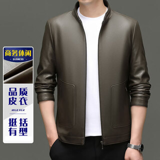 Goldlion brand spring, autumn and winter new men's haining leather jacket business stand collar fashion middle-aged trendy leather jacket khaki 3xl 190