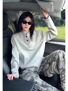 Moranya american henley collar long-sleeved sweatshirt for men in autumn, right shoulder heavyweight polo shirt base coat, light gray m m recommended 90-100jin jin is equal to 0.5 kg