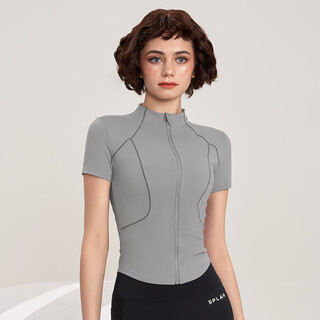 Splan naked short sleeve zipper fitness clothing women's cycling clothes outdoor sports yoga training top summer 2025 new ebony gray _fit and slim_high elasticity s_(suitable for 100jin jin equal to within 0.5kg)