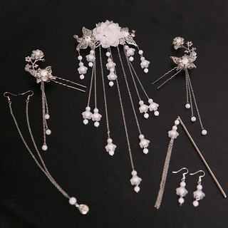 Ancient costume hanfu headwear, retro hairpins, hairpins, classical hairpins and forehead accessories set, rocking tassels, cos fairy accessories, white full set (seven-piece set) (ear clip) #61