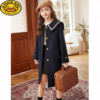 G.duckkids girls' woolen coat autumn and winter children's woolen coat mid-length college style new style western style big children's clothing for girls navy blue quilted size 160 height 150-155cm 12-13 years old