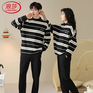 Langsha pajamas couple outfit for one man and one woman, autumn pure cotton long-sleeved round neck casual wearable spring and autumn home wear set 32310 couple m female + l male