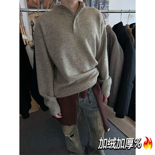 Xiaohongshu's popular vintage henry collar plus velvet sweater men's autumn and winter lazy style knitted sweater cleanf base light gray plus velvet m m