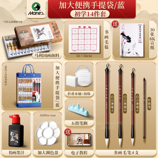 Marley chinese painting pigments beginner set tools full set of ink painting materials for primary school students meticulous painting chinese painting introductory brush tote bag blue beginner 14 pieces 12 colors 5ml