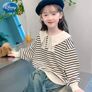迪士尼女孩秋季卫衣女童洋气长袖条纹衫儿童娃娃领上衣PBZPL3217米白130