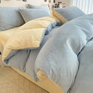 Fantasy milk velvet quilt cover single piece winter plus velvet four-piece set thickened flannel coral velvet quilt cover student dormitory quilt single baby blue + milkshake yellow-milk velvet single quilt cover-150x200cm suitable for 150x200cm