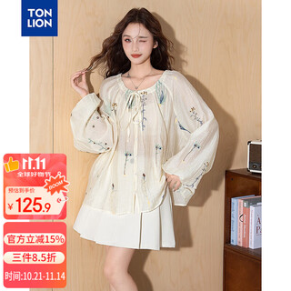 Tonlion 2025 autumn women's round neck embroidered collar drawstring shirt, apricot l