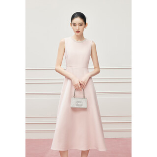 Mandy zhang pink beaded diamond pure sheep wool dress women's autumn and winter temperament engagement dress skirt cherry blossom pink-dress m