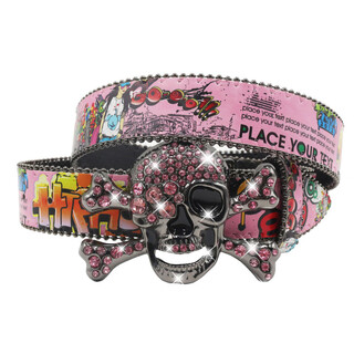 Zhang junhao's same belt y2k rhinestone skull belt rapper rap hip-hop rock motorcycle punk belt print-pink 125cm