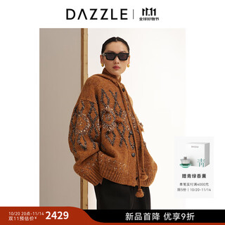 Dazzle disu sweater 2025 winter new sheep wool blended orange knitted hooded intarsia cardigan orange xs