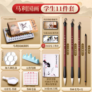 Marley chinese painting pigments beginner set tools full set of primary school students' special ink painting materials meticulous 24-color chinese painting introductory brush 11-piece set 12 colors 5ml