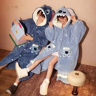 Gongdie thermal storage type disney stitch winter coral velvet couple nightgown for women cartoon home clothes for men