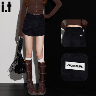 :CHOCOOLATE  it女装裤子辣妹高腰弹力紧身包臀短裤女秋冬新款a字麂皮绒靴裤 黑色 S