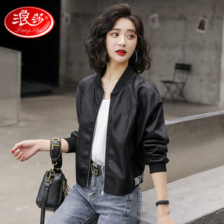Langsha washed pu leather jacket for women korean style short non-split leather printed leather loose short fashion motorcycle baseball jacket black without cotton (non-split leather) xl recommended 115-125jin jin equals 0.5 kg
