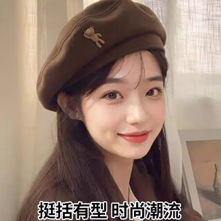 Back-tilt beret for women with big head circumference, small autumn and winter fashionable and versatile temperament painter hat, japanese retro cartoon octagonal hat, coffee color, one size fits all, recommended 56-59cm