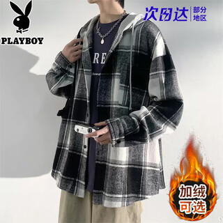 Playboy hooded men's shirt long-sleeved autumn and winter new thickened loose trendy brand casual plaid shirt jacket for men j25858 black plaid xl recommended 130-145jin jin equals 0.5 kg