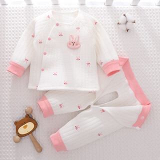小三月新生婴儿儿衣服秋冬分体夹棉套装宝宝保暖款无骨上衣薄棉开裆棉裤 A113套装小兔 上衣按扣 66 cm 建议10-15斤